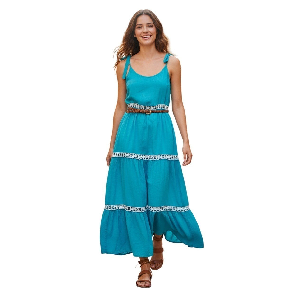 Rachel Zoe Linen Blend Tiered Midi Dress Teal Crochet Lace Boho Cottage S