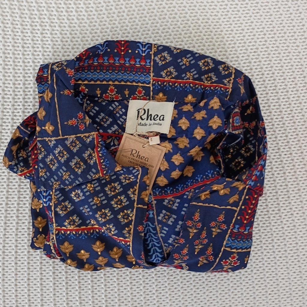 RHEA NWT Silk Blend Navy Patchwork Block Print Button Down Shirt S/M Boho India