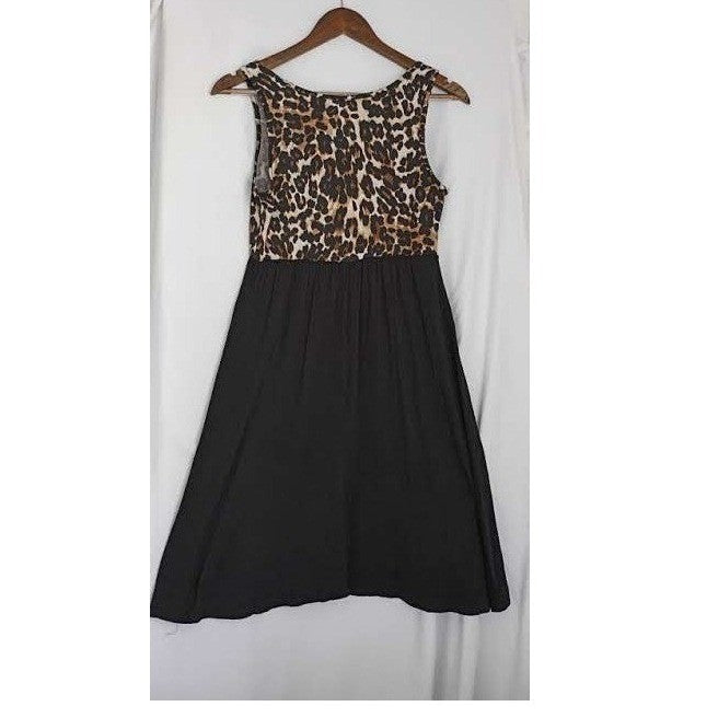 Coco USA Leopard Print Skater Dress Fit & Flare Black Sleeveless L Fits M Boho