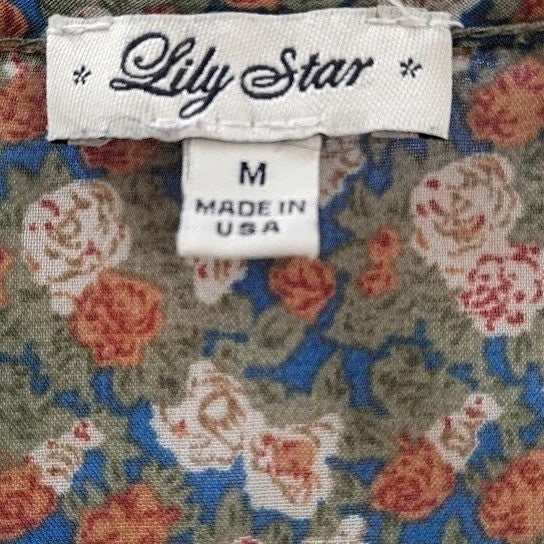 Lily Star Sheer Floral Blouse Crochet Trim V Neck Romantic Boho M USA