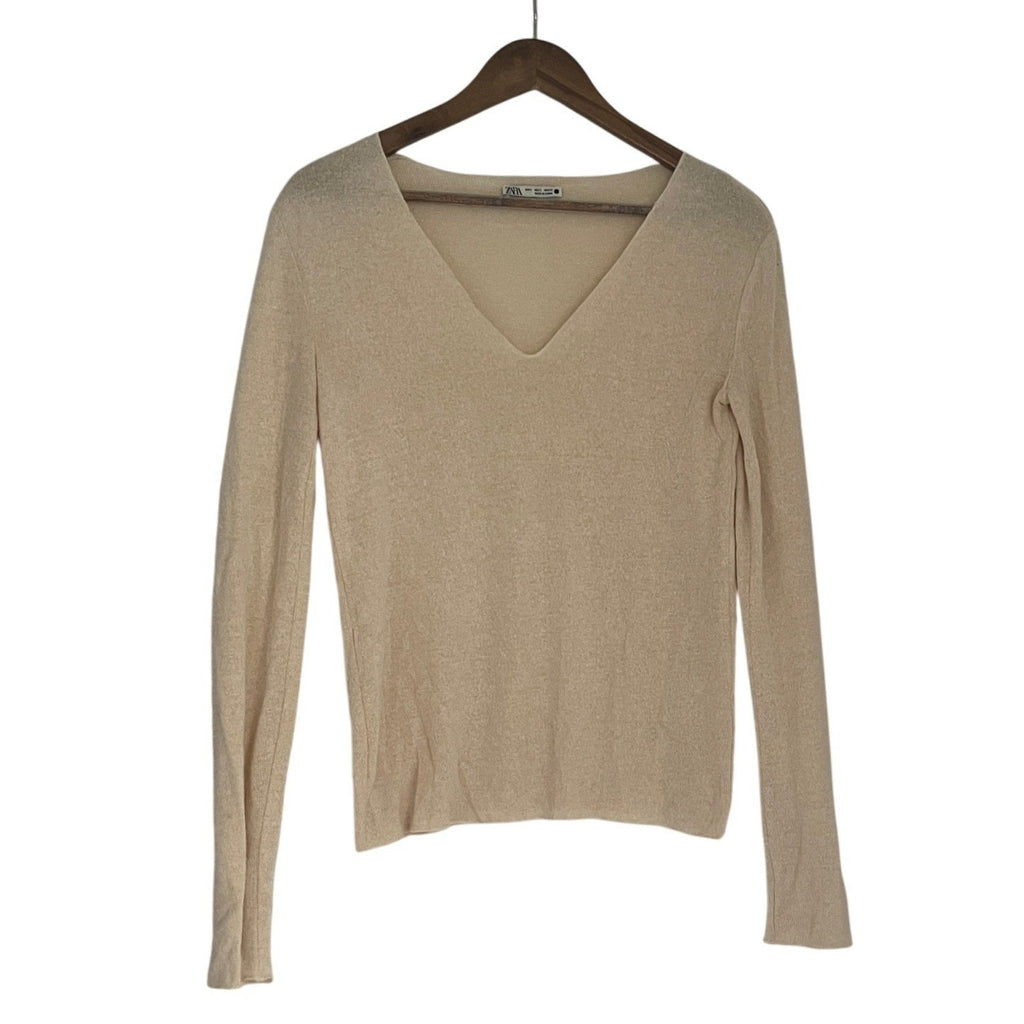 ZARA Beige Lightweight V-Neck Long Sleeve Knit Sweater Top S Sheer Minimalist