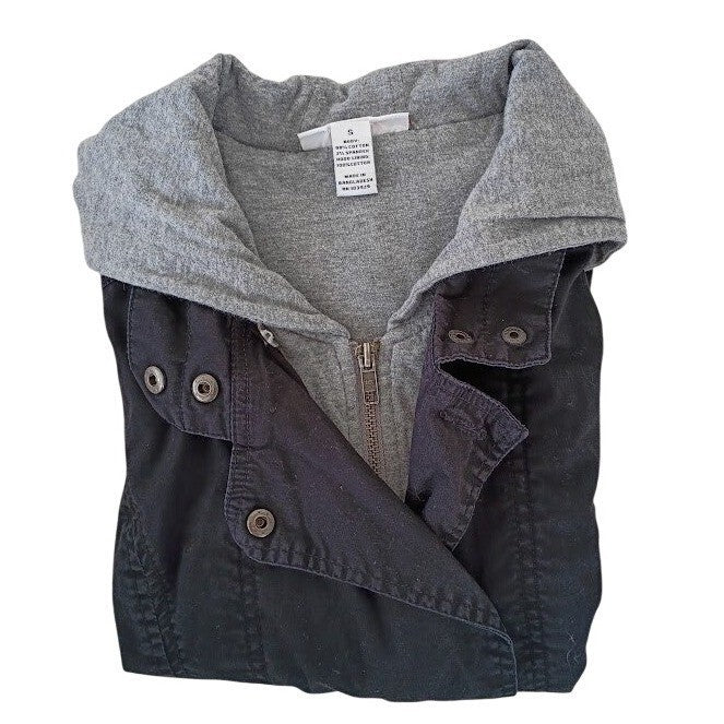 Style & Co 98% Cotton Utility Jacket Black Hooded Drawstring Effortless S