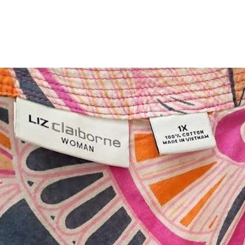 Liz Claiborne 100% Cotton Tunic Top Pink Orange Paisley 3/4 Sleeve V-Neck Fits L