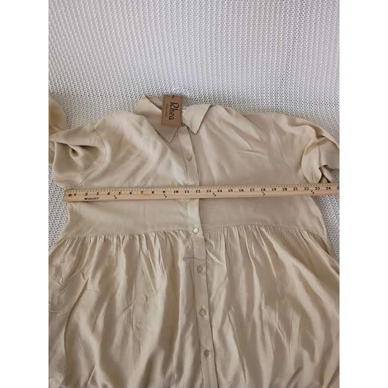 NWT RHEA Tan Tiered Babydoll Mini Dress L/XL Oversized Boho Viscose Short Sleeve