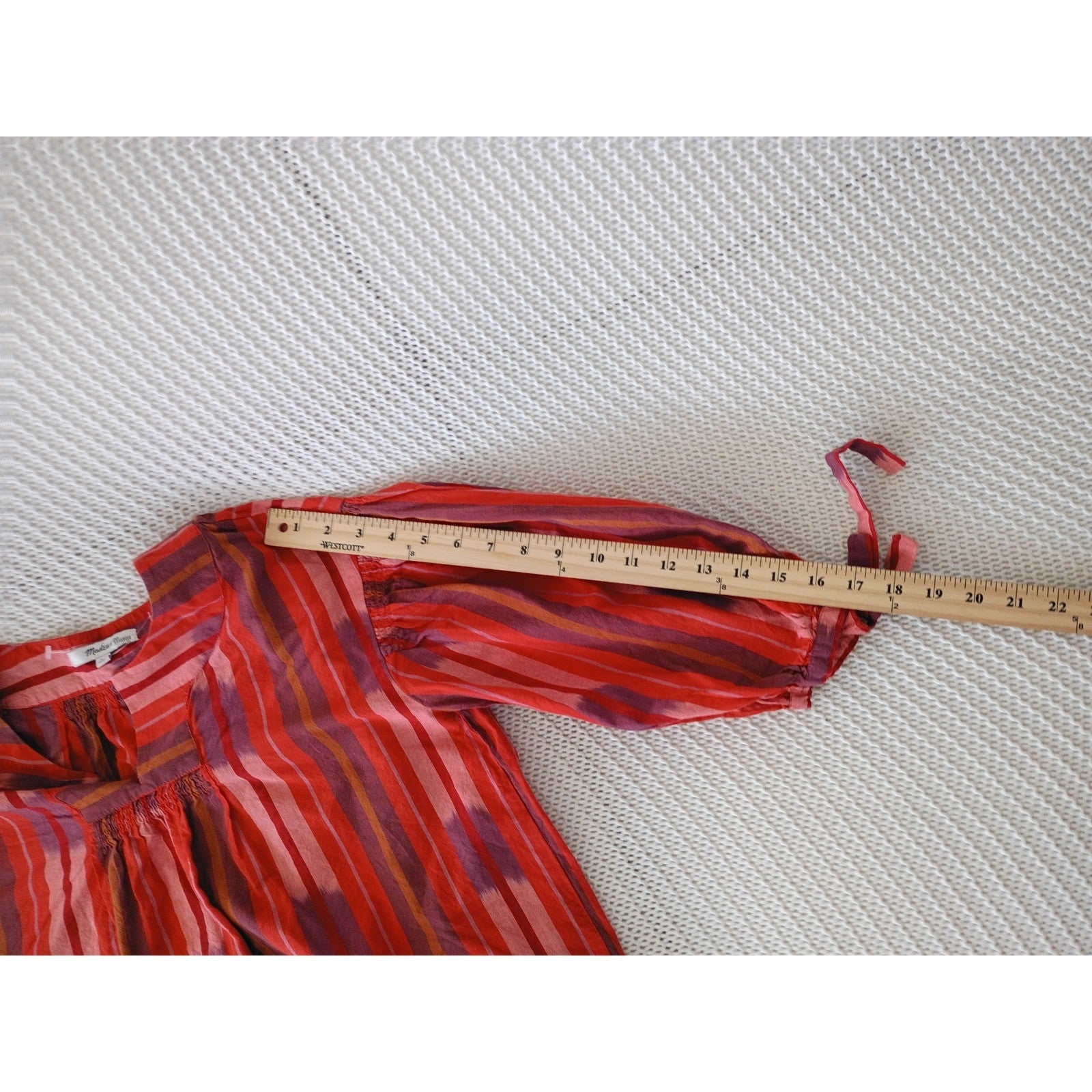 Madewell Red Boho Ikat Stripe 100% Cotton Tie Cuff Blouse Fits S M NWOT $78