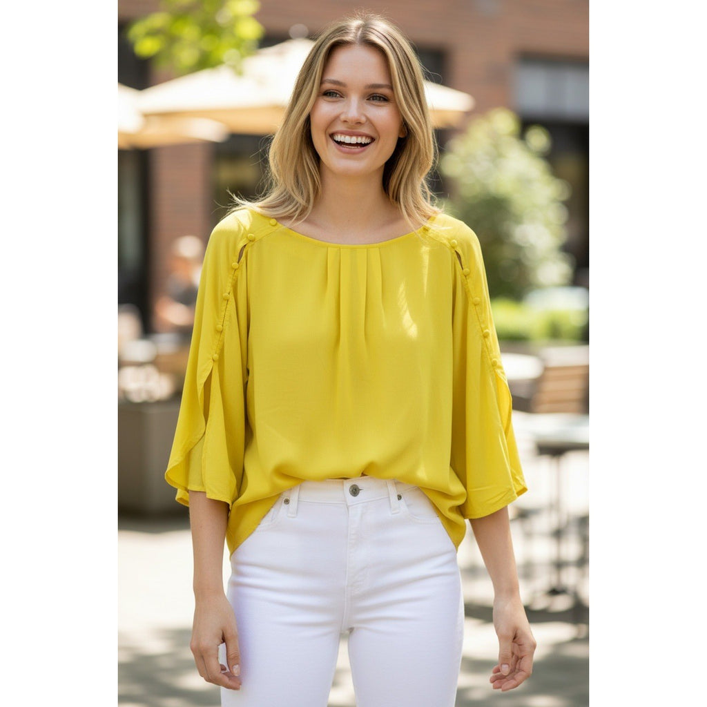 Maeve Anthropologie Citron Yellow Pleated Button Sleeve Rayon Blouse Fits S/M