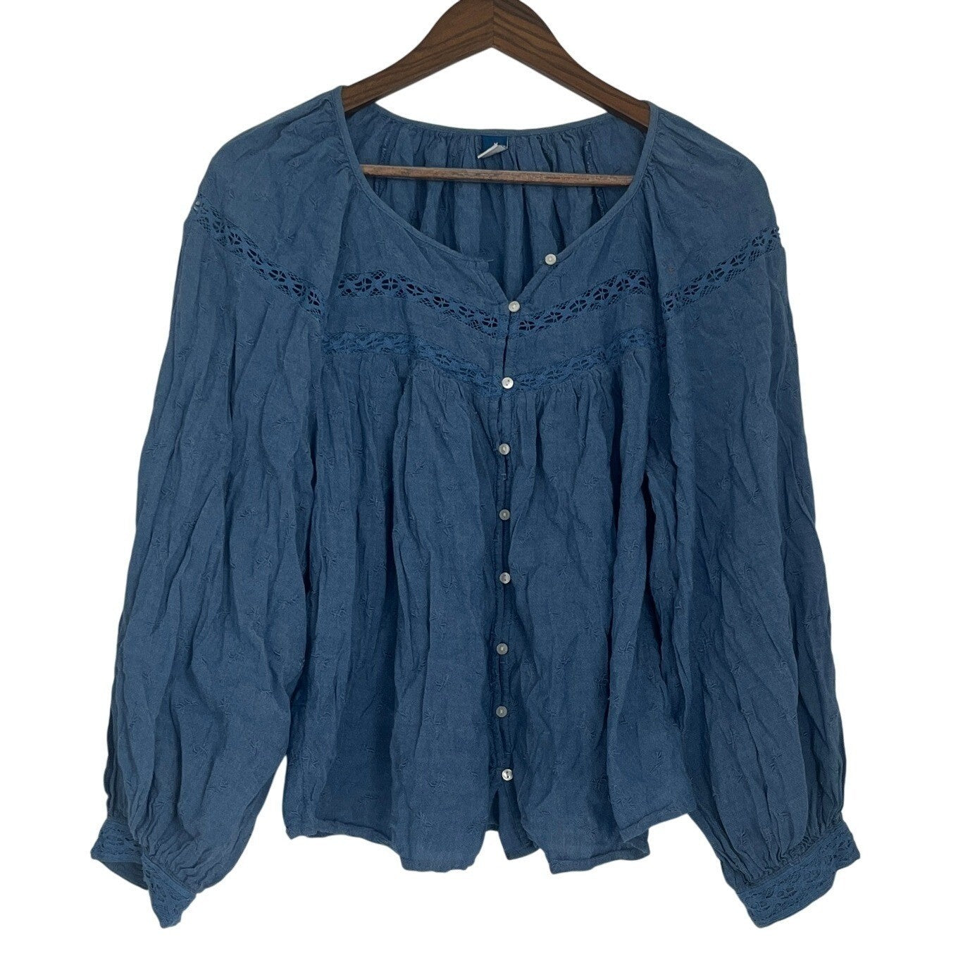 Old Navy Blue Boho Embroidered Peasant Blouse Lace Inset Cottagecore Top Medium