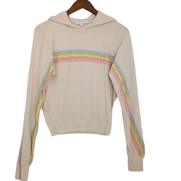SPIRITUAL GANGSTER Rainbow Stripe Crop Hoodie M Cream Cotton Modal Yoga
