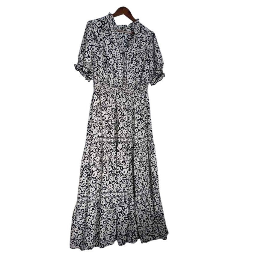 Max Studio London Black White Floral Smocked Waist Tiered Midi Dress Medium