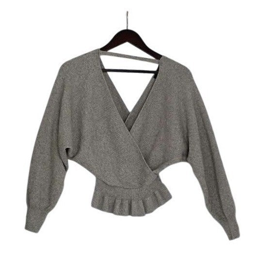 LULUS Grey Ribbed V-Neck Dolman Sleeve Ruffle Hem Sweater Top M