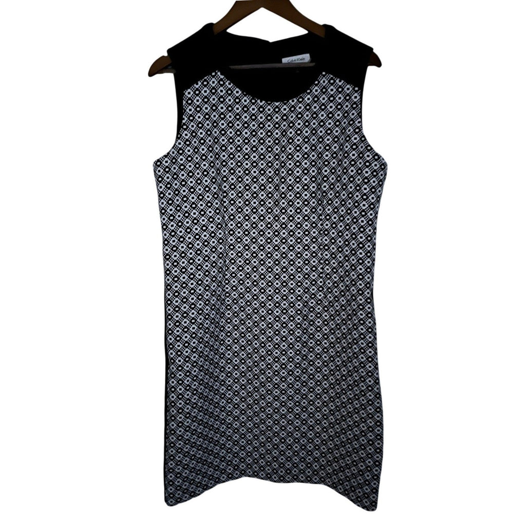 Calvin Klein Black White Geometric Sheath Midi Dress Sleeveless 12 Work Career