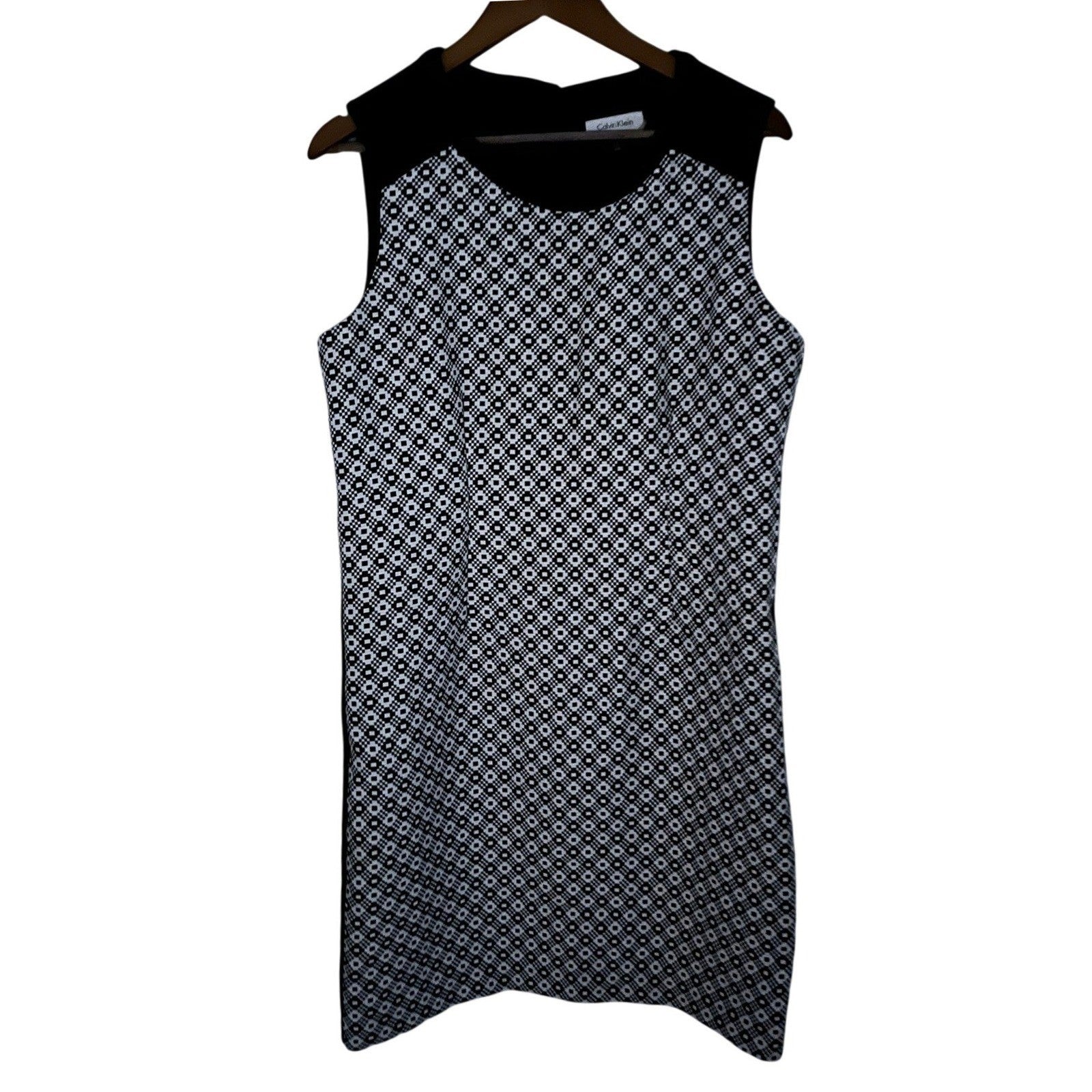 Calvin Klein Black White Geometric Sheath Midi Dress Sleeveless 12 Work Career