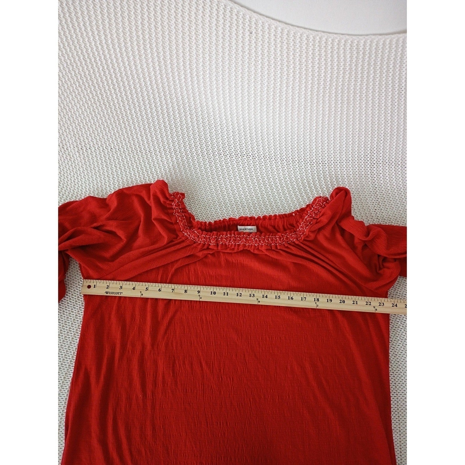 Max Studio Ruby Red Smocked Peasant Top XL Soft Boho Romantic Folk Embroidered