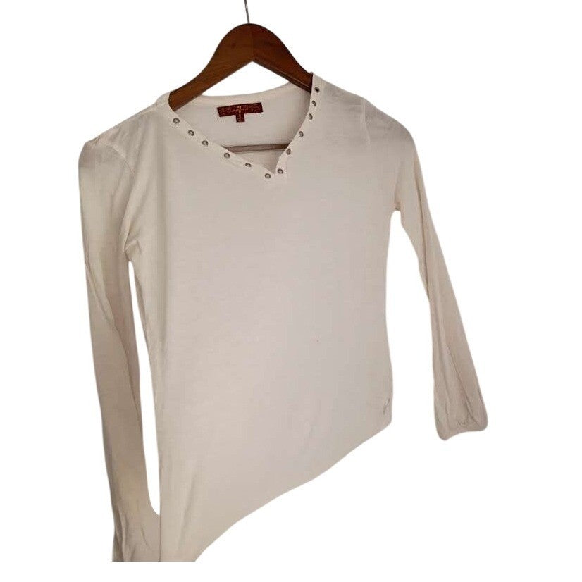 7 For All Mankind White Eyelet Grommet Top V Neck Long Sleeve Boho Blouse M