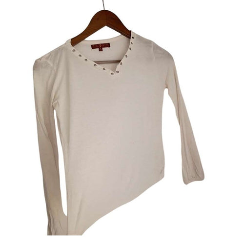 7 For All Mankind White Eyelet Grommet Top V Neck Long Sleeve Boho Blouse M