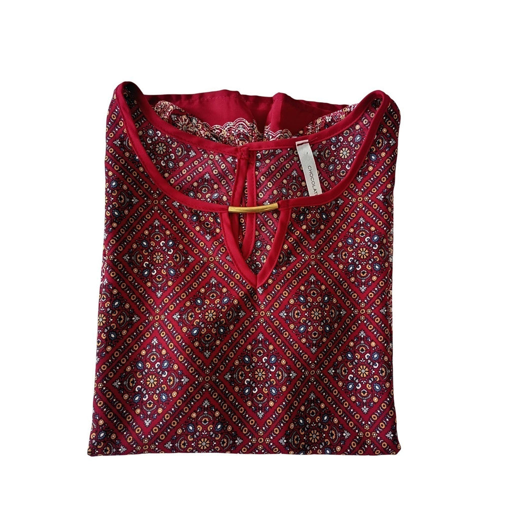 CHOCOLATE USA Red Geometric Print Keyhole Neck Blouse Top Small