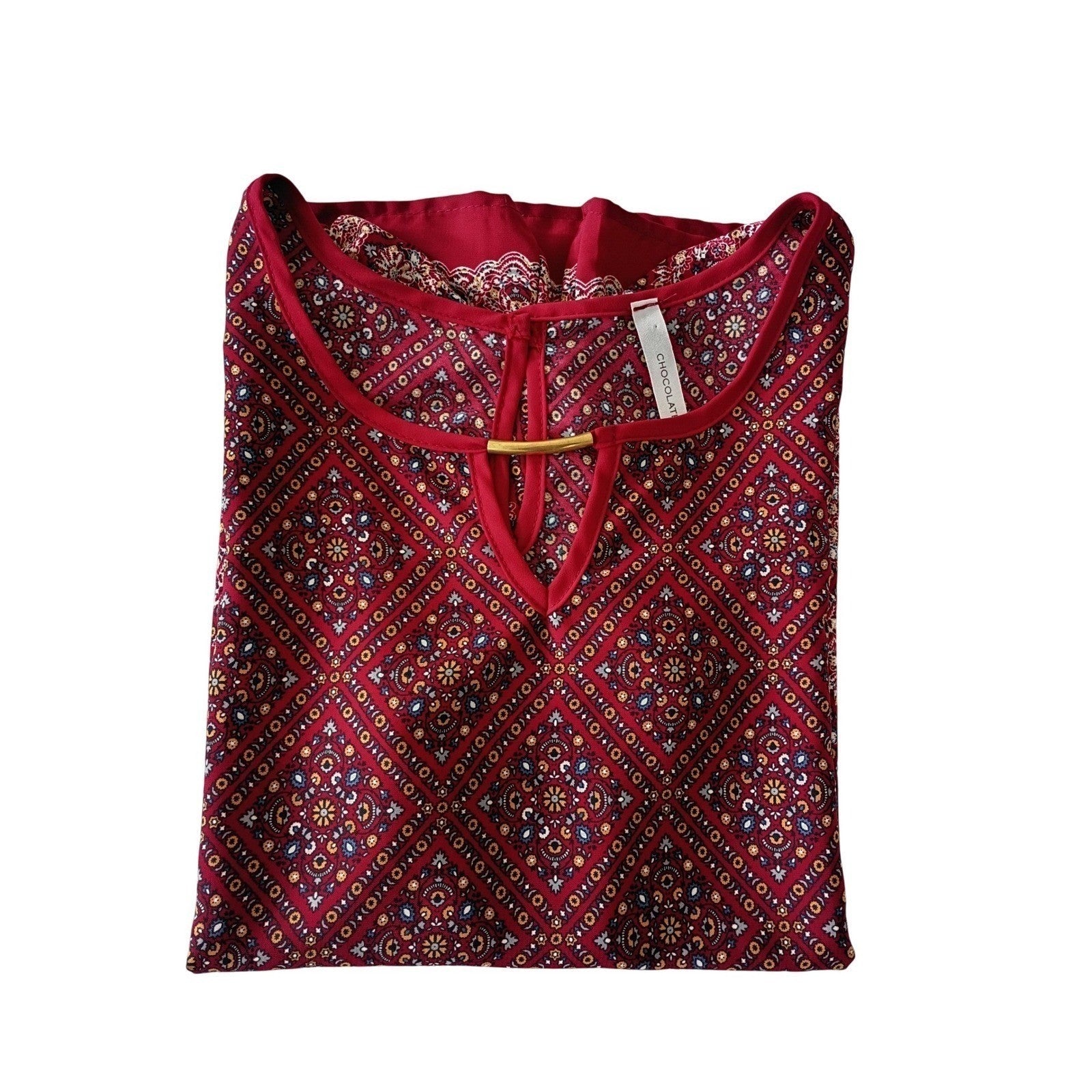 CHOCOLATE USA Red Geometric Print Keyhole Neck Blouse Top Small