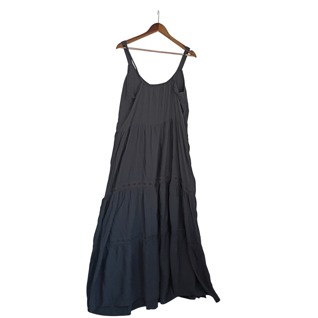 NWT Splendid Dark Gray Tiered Maxi Dress Crochet Lace Trim Boho Viscose M $188