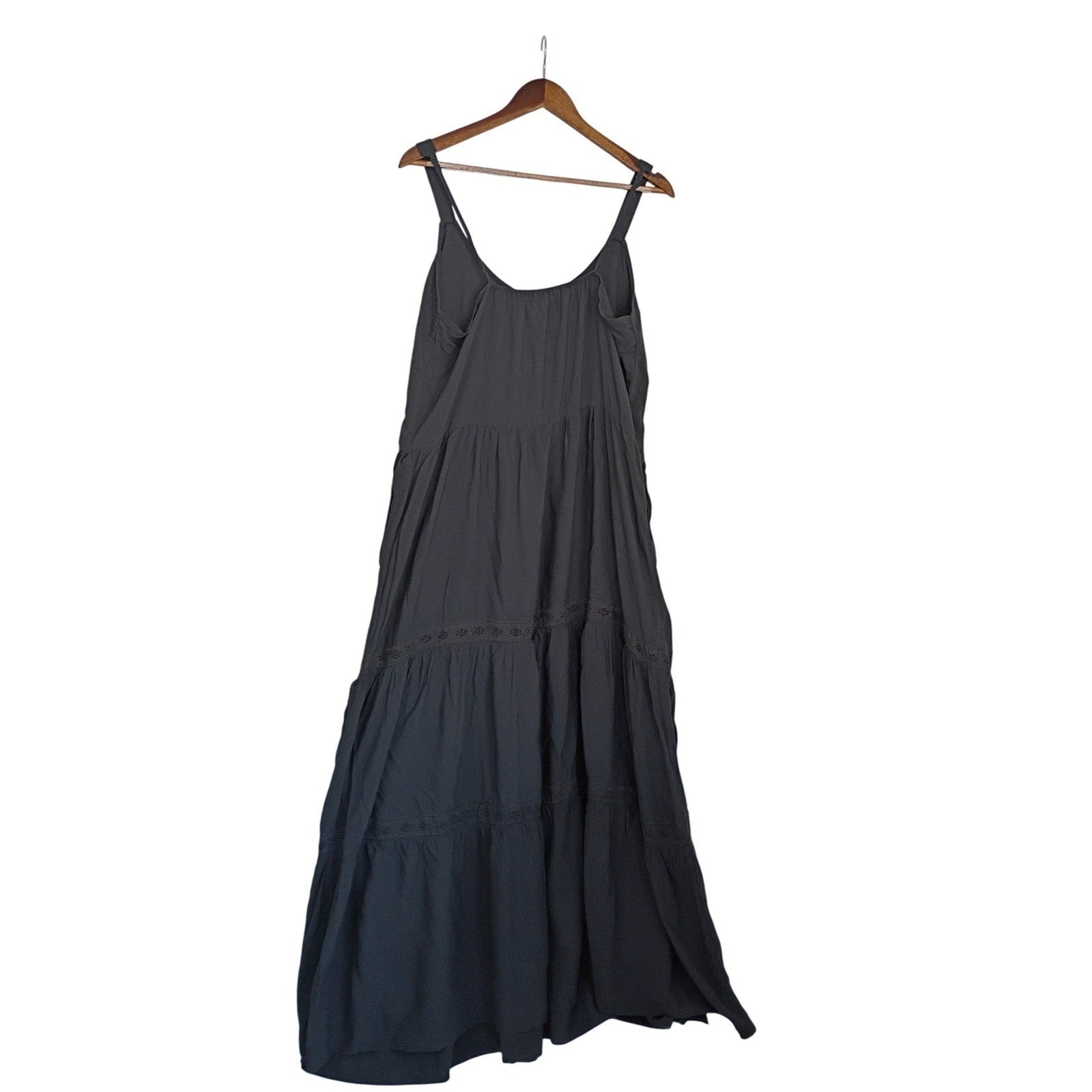 NWT Splendid Dark Gray Tiered Maxi Dress Crochet Lace Trim Boho Viscose M $188
