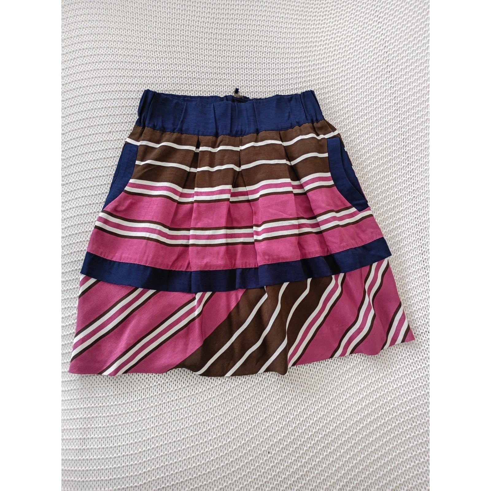 Maeve Anthropologie Striped Mini Skirt Pink Brown Navy Blue Fits S Elastic Waist