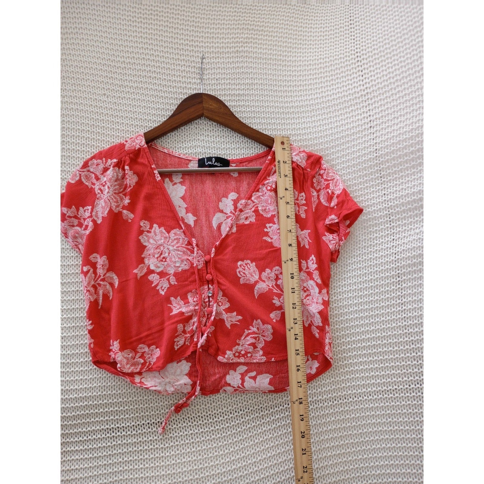Lulus Coquette Red White Floral Tie Front Crop Top Puff Sleeve Milkmaid S
