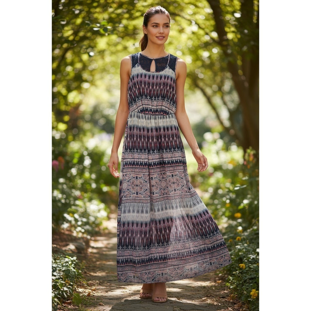 Trixxi Navy Pink Geometric Paisley Lace Sheer Maxi Dress Small Boho Slit Beach