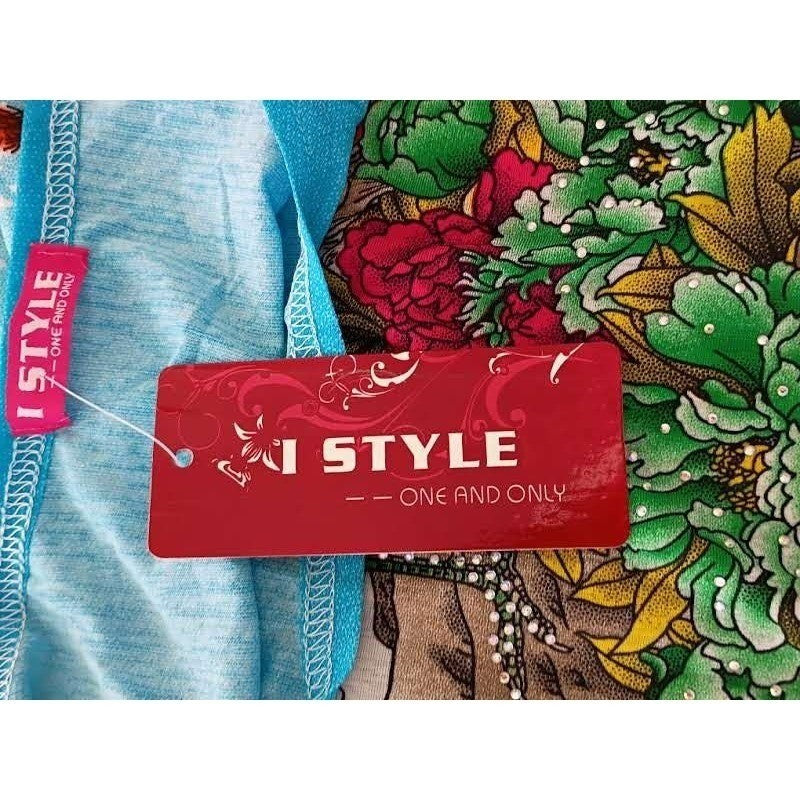 I STYLE Tropical Turquoise Blue Peacock Floral Print Sht Sleeve Tunic Top L