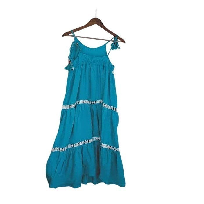 Rachel Zoe Linen Blend Tiered Midi Dress Teal Crochet Lace Boho Cottage S