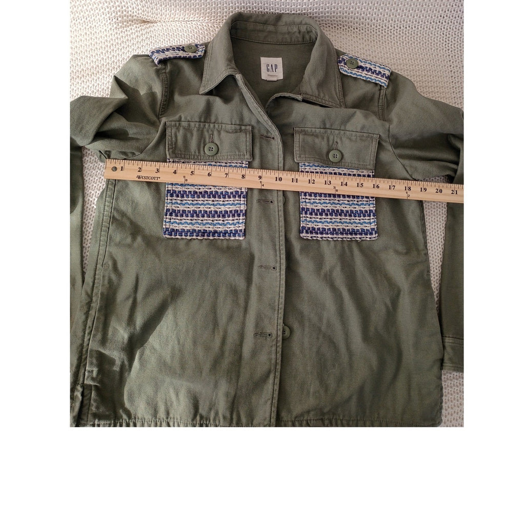 GAP Olive Green Utility Jacket Embellished Pocket Button Down Size M 100% Cotton