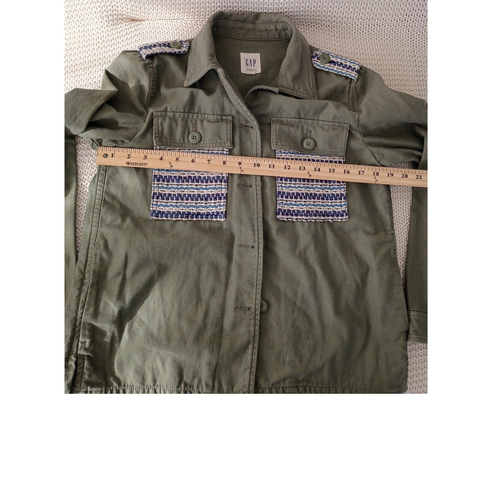 GAP Olive Green Utility Jacket Embellished Pocket Button Down Size M 100% Cotton