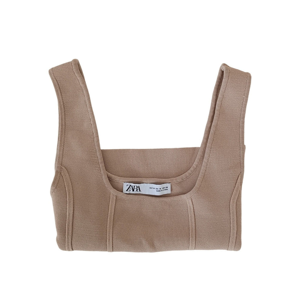 ZARA Knit Tank Top Square Neck Sleeveless Beige Crop Size M