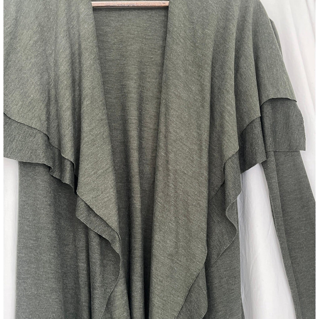 BARNEYS NEW YORK Draped Waterfall Cardigan Olive Green Ribbed Knit Fits S