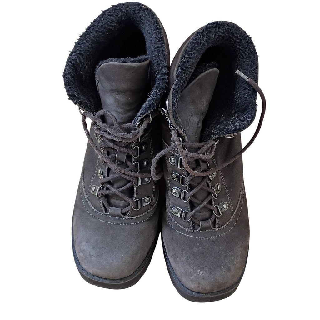 Grey Nubuck Leather Faux Fur Lined Lace Up Hiking Ankle Boots Block Heel 8.5M