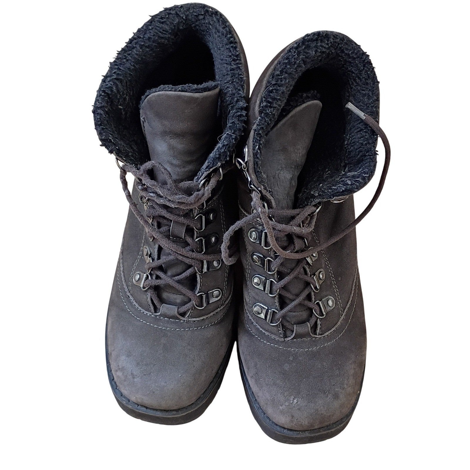 Grey Nubuck Leather Faux Fur Lined Lace Up Hiking Ankle Boots Block Heel 8.5M