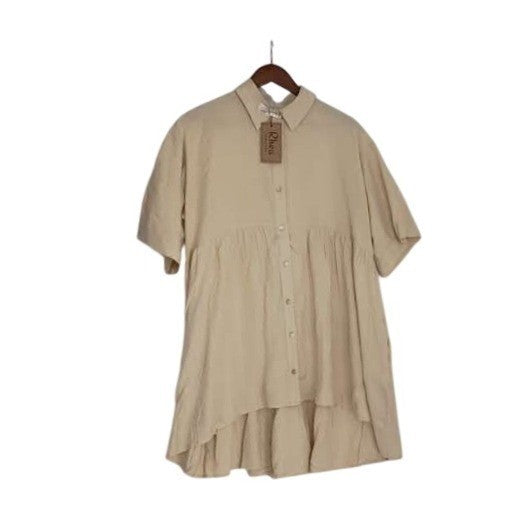 NWT RHEA Tan Tiered Babydoll Mini Dress L/XL Oversized Boho Viscose Short Sleeve