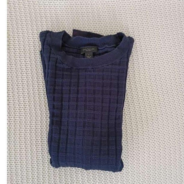 Ann Taylor Cotton Wool Sweater Navy Textured Crew Neck Quiet Luxury S