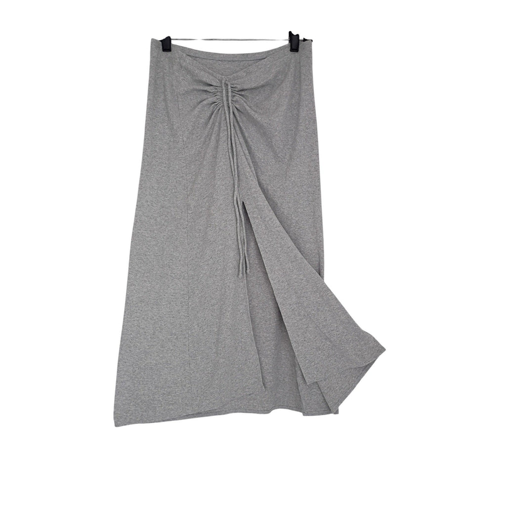 AERIE Ribbed Gray 100% Cotton Maxi Skirt M Drawstring Front Slit Coastal Boho