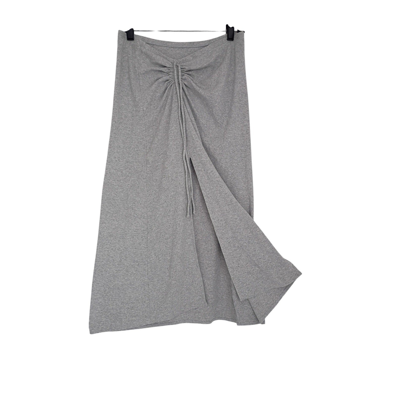 AERIE Ribbed Gray 100% Cotton Maxi Skirt M Drawstring Front Slit Coastal Boho