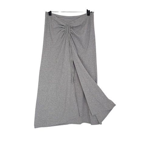 AERIE Ribbed Gray 100% Cotton Maxi Skirt M Drawstring Front Slit Coastal Boho