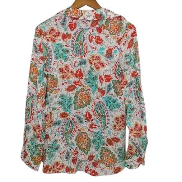 Paisley Print Button Up Shirt Small White Multi Color Boho Retro Chic Zara