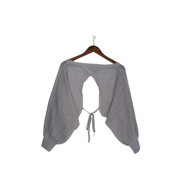 New AF Grey Mesh Open Back Tie Front Cropped Cardigan Sweater Sleeve Top Fit All