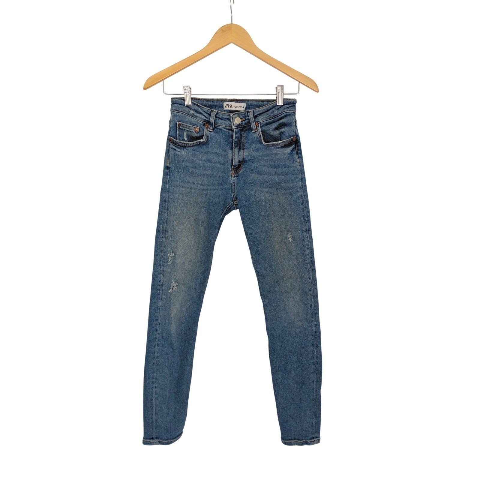 ZARA Women Blue Wash Denim Jeans Slim Fit Distressed Size 36