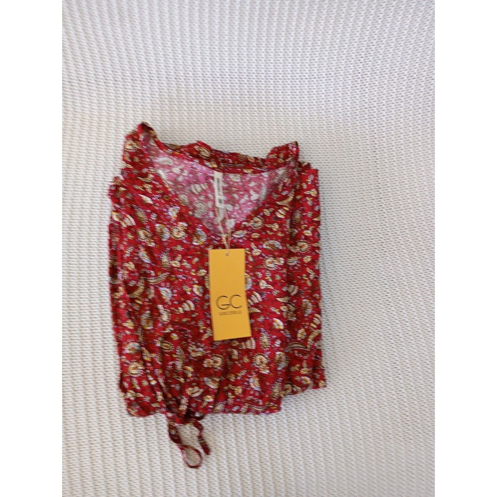 NWT Grecerelle Red Paisley Floral Maxi Dress V-Neck Short Sleeve Elastic Waist M