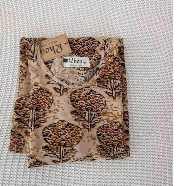 NWT RHEA Earthy Tan Orange Floral Tree Shift Dress S/M Artisan Boho Viscose