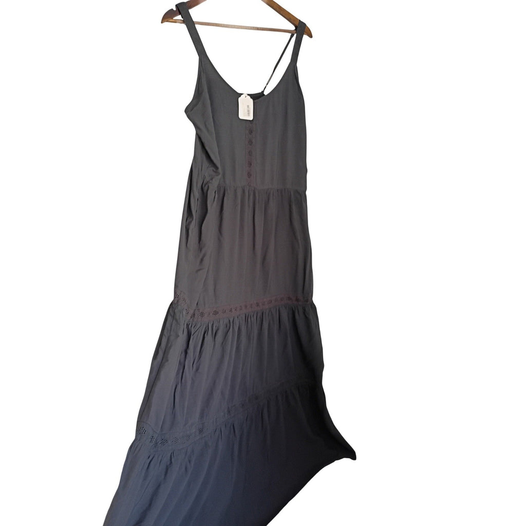 NWT Splendid Dark Gray Tiered Maxi Dress Crochet Lace Trim Boho Viscose M $188