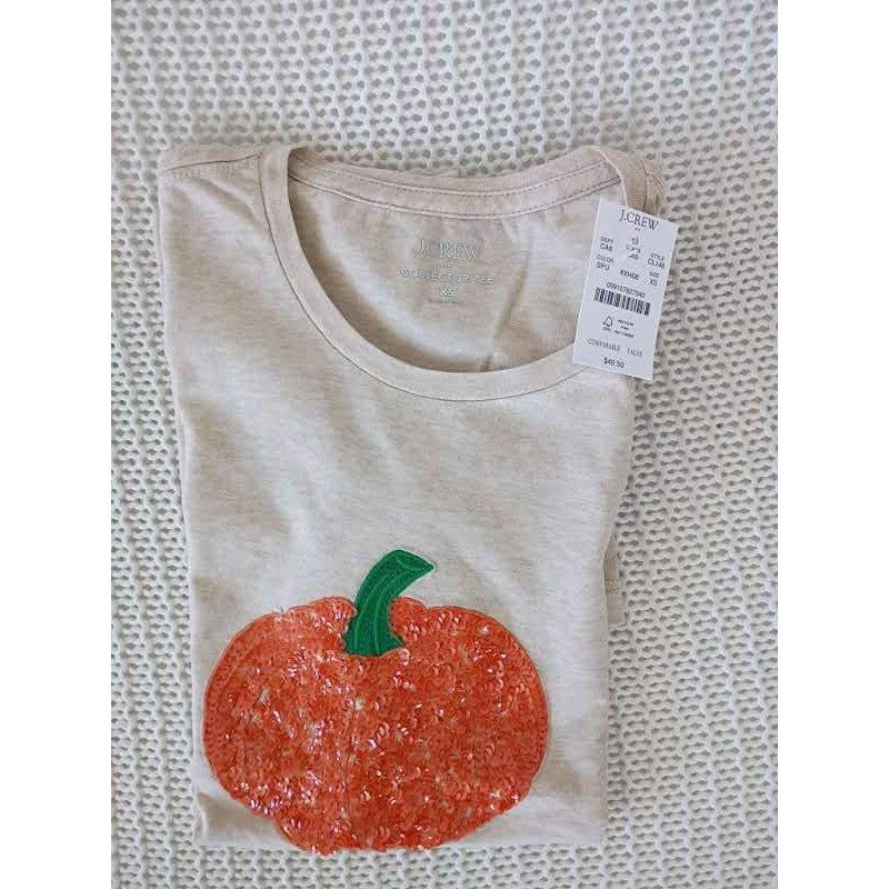 J.Crew NWT Collector Pumpkin Sequin Graphic Tee Shirt Beige 100% Cotton S
