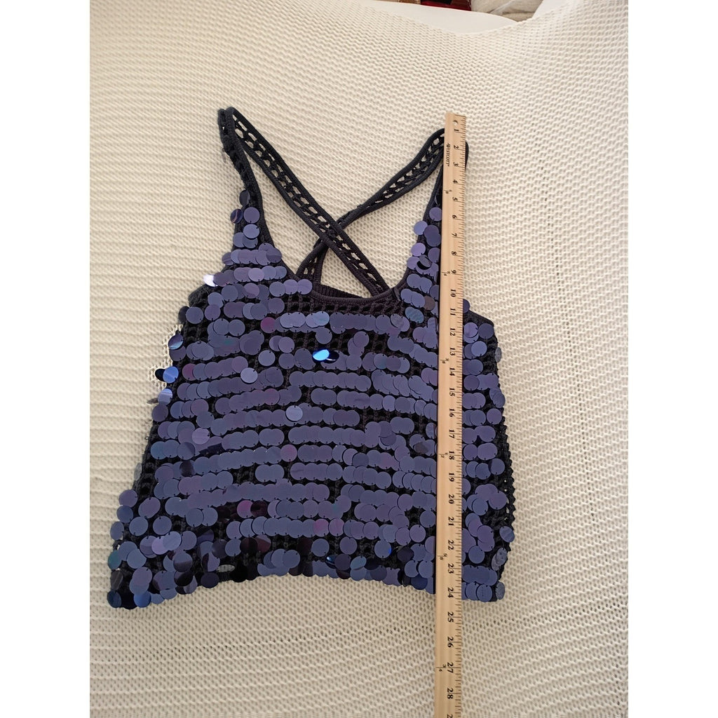 Splendid Navy Sequin Crochet Tank Top M L Medium Iridescent Paillette Festival