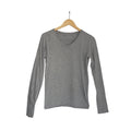 Soft Heather Grey Cotton V-Neck Long Sleeve T-Shirt Slim Fit Basic Tee W-Small