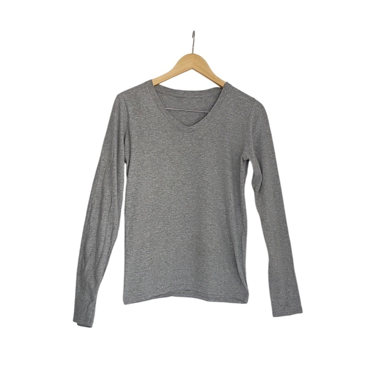Soft Heather Grey Cotton V-Neck Long Sleeve T-Shirt Slim Fit Basic Tee W-Small