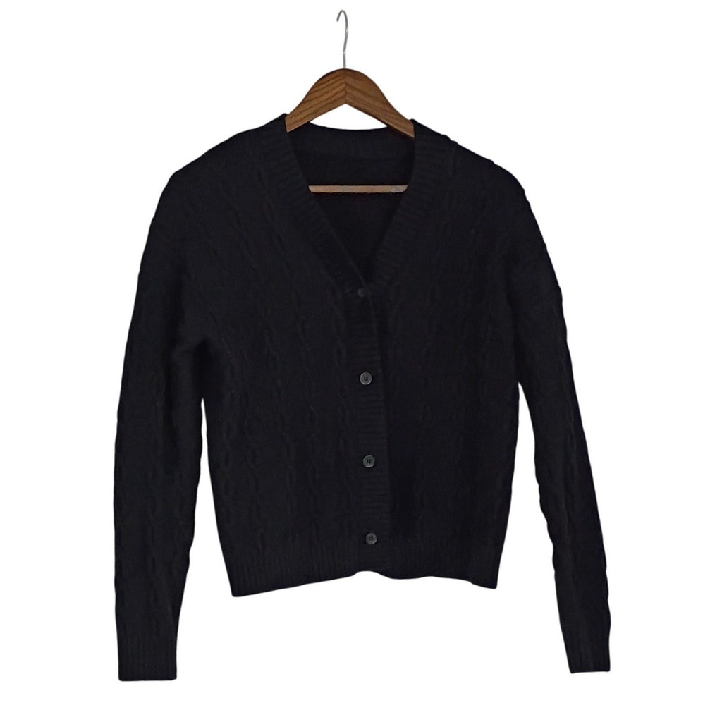 VISTA-Wool Blnd Black Cable Knit Btn Front V Neck Cardigan Sweater Alice Turtle